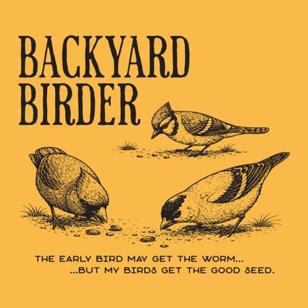 Illustration of common backyard birds on yellow background, emphasizing birdwatching and bird feeding accessories.