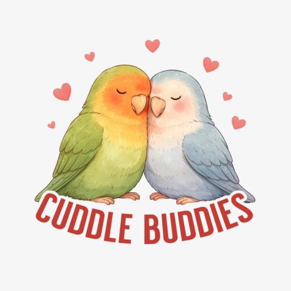 Adorable image of two lovebirds cuddling with hearts, showcasing birdwear products for bird enthusiasts.
