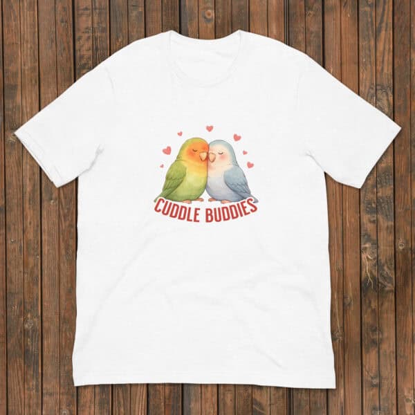 Adorable illustration of two lovebirds with hearts and "Cuddle Buddies" text on a white tee.