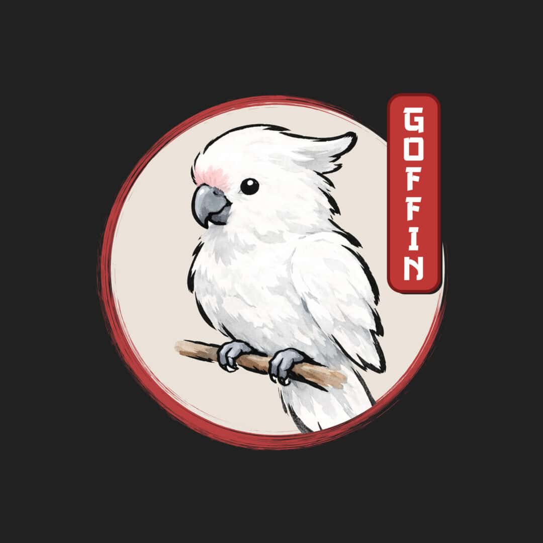 Colorful cockatoo perched on a branch with a bold "GOT IT N?" text label, showcasing stylish bird accessories and apparel.