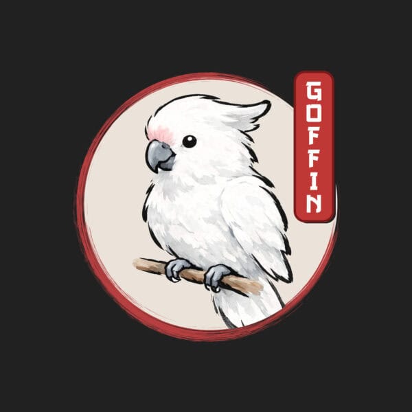 Colorful cockatoo perched on a branch with a bold "GOT IT N?" text label, showcasing stylish bird accessories and apparel.