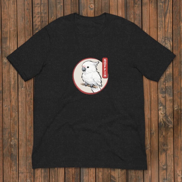 High-quality black T-shirt featuring a Goffin cockatoo illustration and "Goffin" text for bird lovers.