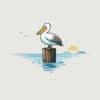 A stylized pelican perched on a wooden post at sunset, promoting birdwear asthetic for bird lovers and outdoor enthusiasts.