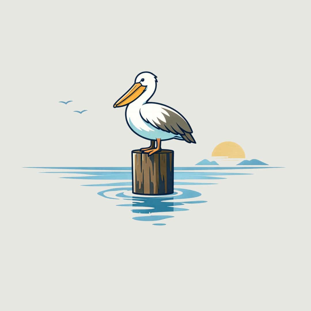 A stylized pelican perched on a wooden post at sunset, promoting birdwear asthetic for bird lovers and outdoor enthusiasts.