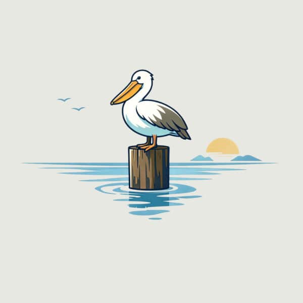 A stylized pelican perched on a wooden post at sunset, promoting birdwear asthetic for bird lovers and outdoor enthusiasts.