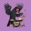 Animated black cockatoo playing drums for Birdwear Squawk Riot.