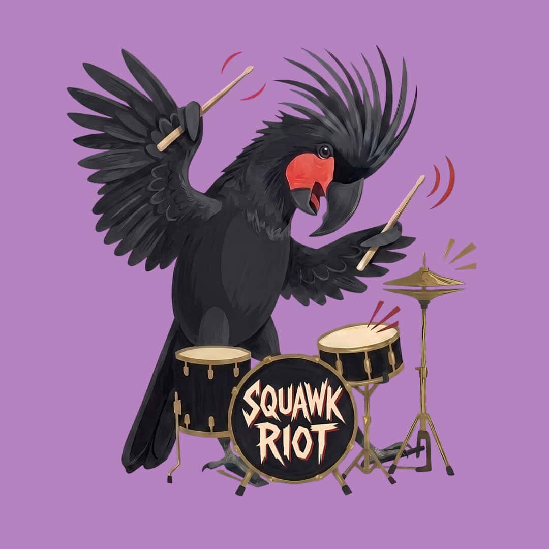 Animated black cockatoo playing drums for Birdwear Squawk Riot.