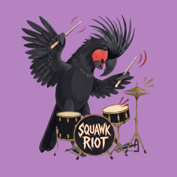 Animated black cockatoo playing drums for Birdwear Squawk Riot.