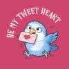 Cute blue cartoon bird holding a love letter with heart, expressing affection, on pink background.