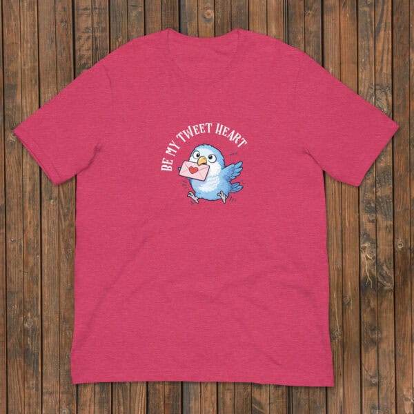 Cute pink T-shirt with bird holding a love letter, perfect for birdwear lovers and romantic gifting.